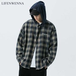 LIFENWENNA Hip Hop Plaid Long Sleeve Shirts Streetwear Mens Casual Hooded Tops Shirts Loose Shirt Streetwear For Men M-5XL 210528