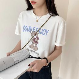 Korean Style Loose Cotton Cartoon Bear Joker Printed Short Sleeve T-shirt of Female In The Summer Top Tee 210706