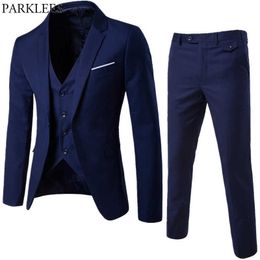 Men's Formal Business Slim Fit Navy Blue 3pc Suits (Jacket+Pants+Vest) 2019 Spring New One Button Notched Lapel Costume Homme X0909