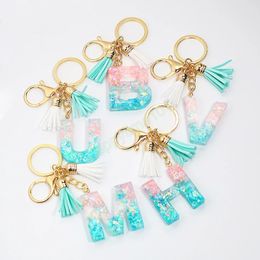 Women Fashion Blue Pink Letter Keychains Sequins Filling Resin Key Chain With Double Tassel Bag Hanging Pendant Keyrings Gifts