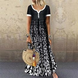 Frauen Elegantes Langes Kleid Einreiher V-ausschnitt Boho Print Party Kleider Damen Vintage Button Casual Maxi Kleid 210309