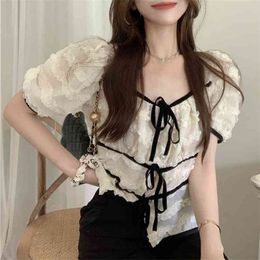 Shirt Girl Design Sense French Bow Wood Ear-length Short-sleeved Blouse Summer Retro Top 210529