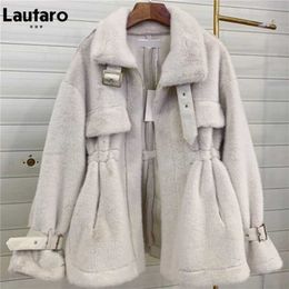Lautaro Winter Soft Warm Thick Faux Fur Coat Women Drop Shoulder Long Sleeve Zipper Drawstring Fluffy Jacket Korean Fashion 211122