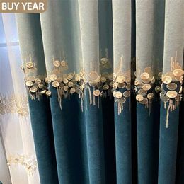 Light Luxury Curtain for Living Dining Room Bedroom Thick Cashmere Shading Chenille Embroidered Bead Blue Curtain Tulle 211203
