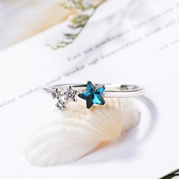 925 Sterling Silver Woman Fashion Jewelry High Quality Blue Star Crystal Zircon Ring Size Adjustable Open Ring