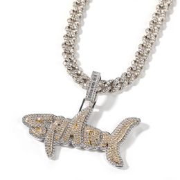 Hip Hop Iced Out Animal Shape Letter SHARK Pendant Necklace Micro Paved Cubic Zircon with Rope Chain Tennis Necklace
