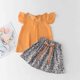 Cute Toddler Kid Girls Sleeveless Chiffon Tops Yellow Floral Tutu Skirts 2pcs Clothes Set Outfit Suit Set Summer Infant Clothing X0902