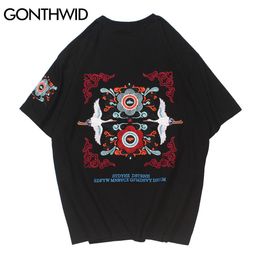 GONTHWID Tshirts Hip Hop Streetwear Men Embroidery Cranes Flowers Cotton T-Shirts Casual Harajuku Loose Short Sleeve Tees Tops C0315