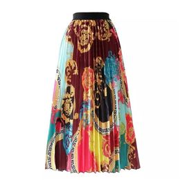 Summer Pleated Skirts Women High Waist European Floral Stretch Midi Skirt Indie Folk Printed Party Holiday Rok S-3XL 210629