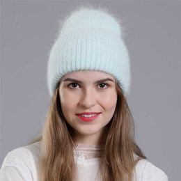 CNTANG Winter Hat Fashion Real Rabbit Fur Hats For Women Warm Skullies Beanies With Sequins High Flanging Knitted Caps 211229