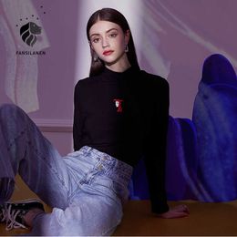 FANSILANEN Designer cartoon print black knitted sweater Women long sleeve skiny white turtleneck pullover Autumn winter jumper 210607