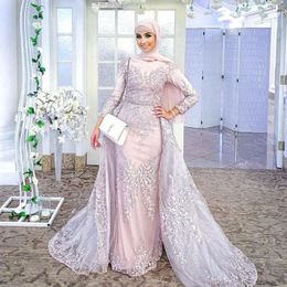 Pale Pink Muslim Evening Formal Dresses with Long Sleeve 2022 Full Lace Applique Arabic Mermaid Plus Size Prom Dress Overskirt
