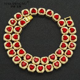 Chokers Hip-hop Men's Exaggerated Full Rhinestone Peach Heart Love Red Crystal Cuban Chain Necklace Accessories Nightclub Punk Bracelet