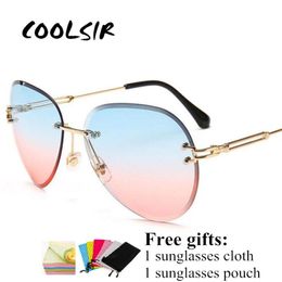 Sunglasses COOLSIR Rimless Women Brand Designer Sun Glasses Gradient Shades Cutting Lens Ladies Frameless Metal Eyeglasses UV400