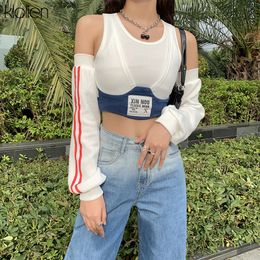 KLALIEN Autumn Fashion Patchwork Women T-shirt New Sexy Off Shoulder Rib Knitted Letter Slim Wild Streetwear Female Top 210302