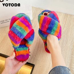 Winter Women Plush Home Slippers Cross Rainbow Color Cotton Slides Indoor Furry Flat Flip Flops Warm Soft Non-Slip Female Shoes Y0804