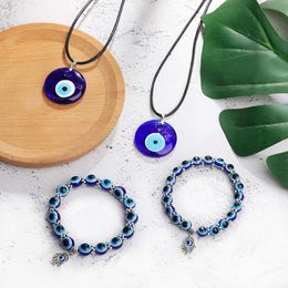 Antique Deep Sea Blue Evil Eye Pendant Necklace Turkish Choker Glass Eyes Leather Rope Chain Jewellery Gift