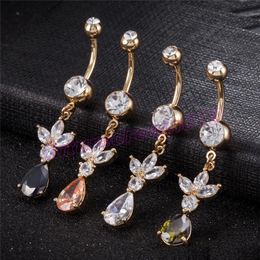 Fashion Korean Style Stainless Steel Rhinstones Flower Belly Button Rings Navel Ring Body Piercing Jewelry 4 Colors for Choices