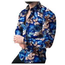 Men's Casual Shirts 2022 Men Butterfly Print Loose Mens Vintage Turn-down Collar Long Sleeve Button Tops Camisa Masculina