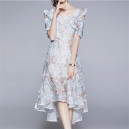 Runway Fashion Blue Summer Women Dress Flare Sleeve Print 3D Flower Embroidery Long Mesh Party Holiday 210603