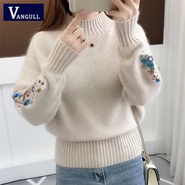 Vangull Women Knitted Sweater Floral Embroidery Thick Sweater Pullovers Autumn Winter Long Sleeve Turtleneck Sweaters 211215
