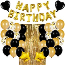 Golden 16 "Happy Birthday Letra Balão Set Black Balloon Lantejoulas Partido Prom Supplies Set Definição De Festa De Aniversário Decoração Balão Set 210719