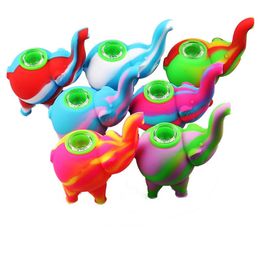 Silicone Water Pipe 4.9 Inch Elephant Pattern Mini Bubbler Random Colorful Food Grade With Glass Bowl Oil Dab Rig Hookah Bong Pipes