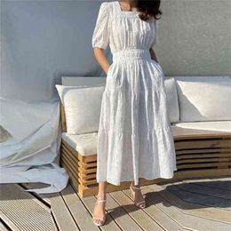 Women's Dress Lace Embroidery Hollow out White Square Neck Elegant Single Breasted Short Sleeve Summer Lady Robe 210603