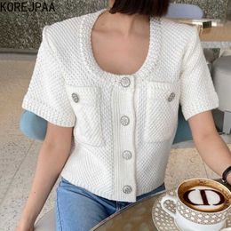 Korejpaa Women T-Shirt Summer Korean Chic French Retro Slimming U-Neck Single-Breasted Pocket Design Short-Sleeved Knit Top 210526