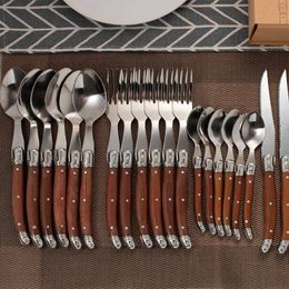 24Pieces Laguiole Cutlery set Wood handle Tableware Stainless steel Steak Knives Wooden Japanese Dinnerware Kitchen Accessoreis X0703