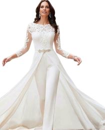 Elegant Long Sleeves Lace 2022 Wedding Dresses Jumpsuit Chiffon Applique Ruched Sweep Train Wedding Bridal Gowns robe de mariee254o