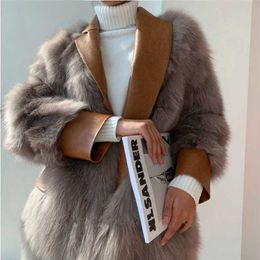 [EWQ] Korea Women's Winter Faux Fur Coat Spliced Leather Suit Collar Warm Jacket Streetwear Overcoat Female 16E35 211220