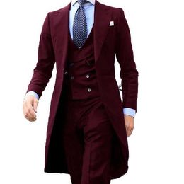 New Arrivel 2021 Long Coat Designs Burgundy Men Suit Gentle mens Tuxedo Prom Blazer Custom 3 Pieces (Jacket+vest+Pants) X0909