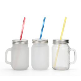 Tumblers Sublimation Mason Jar Clear Glass Water Bottle Thermal Transfer Coffee Mug with straw and Lid Frosted Handle Cup Heat Printing Cups A02
