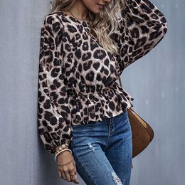 Fashion Leopard Printed Women Blouse Casual Loose O-Neck Long Sleeve Elastic Waist High Street Lady Blouses W235 210526