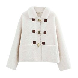 PERHAPS U Women Camel White Solid Jacket Turn Down Collar Faux Fur Lambswool Horn Button Single Breasted Pocket C0049 210529