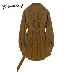 Yitimuceng Sashes Vintage Dresses Women A-Line Solid Spring Long Sleeve High Waist Single Breasted Fashion Office Lady 210601