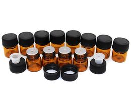 100 Packs Refillable Amber Glass Essential Oil Bottles Vials with Black Cap Retail Box