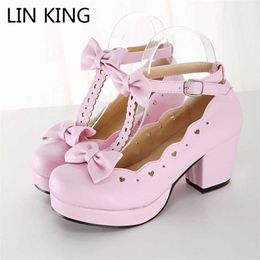 LIN KING Shoes Cosplay Bowtie Ankle Straps Low Top Square Heels Pumps Solid Soft Leather Kawaii PrincParty Shoes X0526