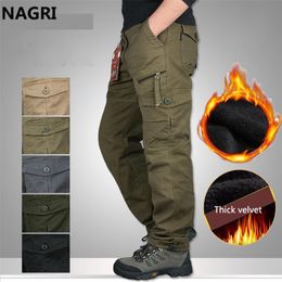 Men Cargo Pants Fleece Thick Warm Multi Pocket Autumn Winter Military Army Zip Straight Slacks Long Trousers Outwear Sport 210715