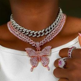 Pink Butterfly Cuban Link Necklace Chain Choker Women Wholesale Rhinestone Statement Gold Bling Hip Hop Necklace Men