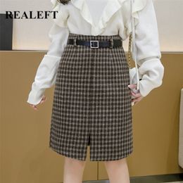 REALEFT Autumn Winter Woolen Midi Skirts New Vintage Plaid High Waist Wrap Skirts with Belt Front Split Female A-Line Skirt 210310