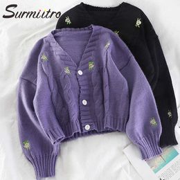 SURMIITRO Knitted Short Cardigan Women Spring Autumn Long Sleeve Purple Embroidery Cardigan Female Sweater Coat Knitwear 210712