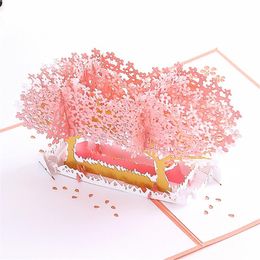 Greeting Cards 3D -Up Happy Birthday Anniversary For Girlfriend Valentine's Day Pink Cherry Tree Japan Style Party Supplies