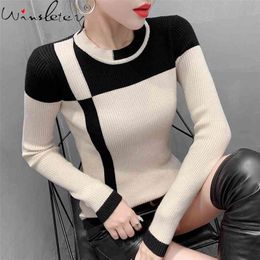 Fall Winter Korean Clothes Knitted Sweater Fashion Sexy O-Neck Contrast Color Patchwork Women All Match Pull Femme Tops T09106L 210806