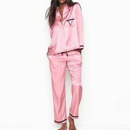 Fashion Pyjamas for Women Summer Long Sleeve Sleepwear Loungewear Satin Silk Pjs Sets Home Wear 210809