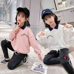 Fall Fashion Loose Hoodies for Teen Girls White/pink Turn-down Collar Sweatshirts Cotton Princess Kids Clothes 5-13Y 210622