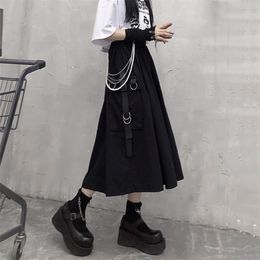 Gothic High Waist Cargo Skirts Woman Harajuku Loose A-line Pocket Midi Long Black Skirt Hip Hop Fashion Streetwear OverSize 210621