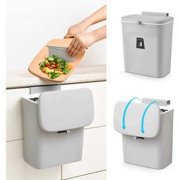 9L Hanging Trash Can for Kitchen Cabinet Door with Lid Small Under Sink Garbage Bin Wall Mounted Counter Waste Compost Bins 210728