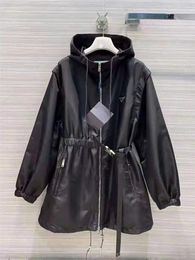 Spring Autumn Style Jackets Women Jacket Long Windbreaker Hooded with Belt Adjust Coats Sleeves Remove Vest Black and White Optims